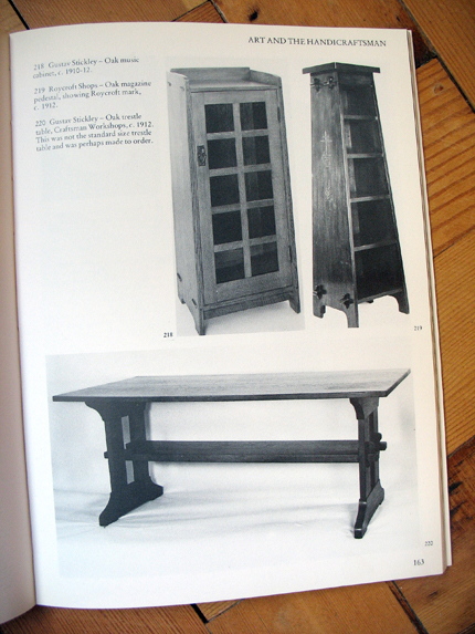 Top left - Gustav Stickley - Oak music cabinet, c.1910-12. Top right - Roycroft workshops - Oak magazine pedestal, showing Roycroft mark, c.1912. Below - Gustav Stickley - Oak trestle table, Craftsman Workshops, c.1912. This table was not the standard size trestle and was perhaps made to order.